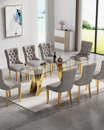 SSLine 9 Piece Glass Dining Table Set,70" Dinner Room Glass Table Set for 8,Modern Kitchen Dinner Table Set with Stainless Steel Base and 8 Upholstered Velvet Dining Chairs for Living Dining Room