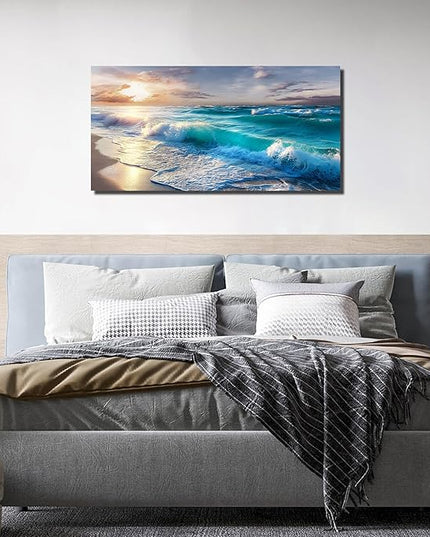 GUGIKA Ocean Wall Art for Living Room, Blue Wave and Large Coastal Beach Canvas Wall-Decor for Bedroom, Gold Sun Scenery Pictures for Hallway Office, Size 40x20 Inches