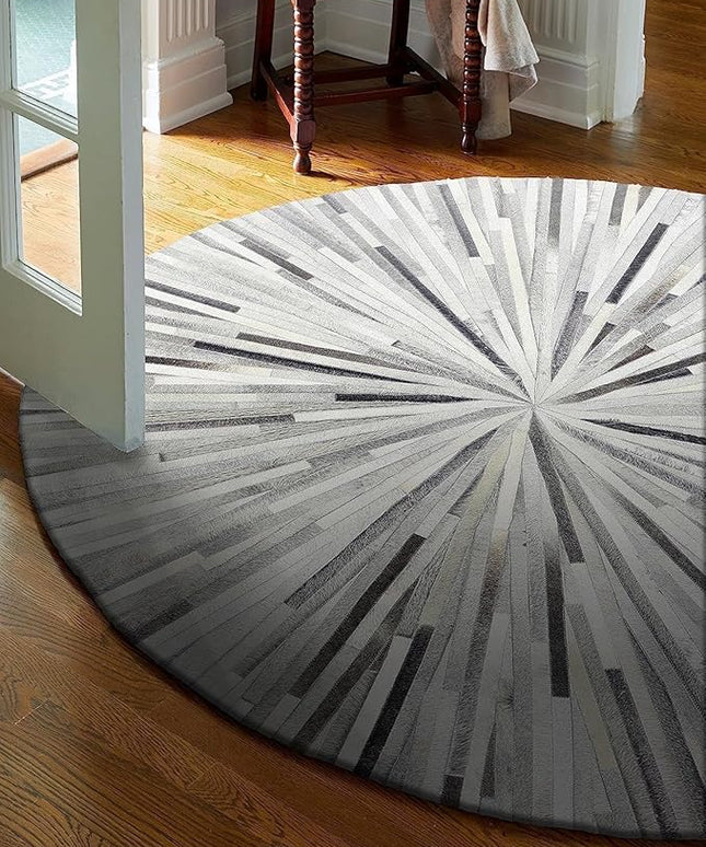 Premium Cowhide Leather Round Area Rug, Handmade Carpet for Living Room, Bedroom, Entryway, Stripes Pattern Rugs for High Traffic Areas Color: Grey, Size: 5X5 ft