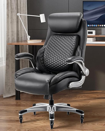 COLAMY Office Ergonomic Desk High Back Executive Chair with Pop-Out Lumbar Support, Upgraded Casters, Adjustable Headrest, Flip-Up Arms, Leather Home with Thick Cushion for Comfort - Black