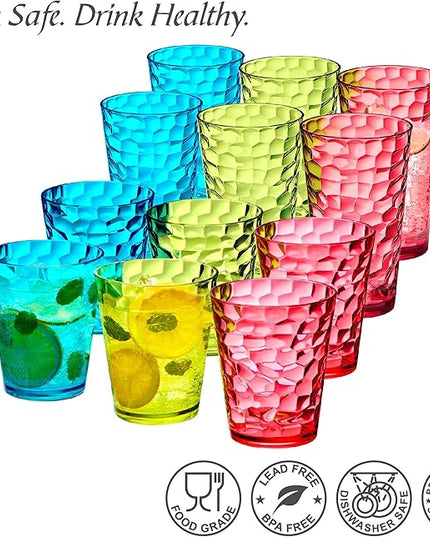 Amazing Abby - Iceberg - 16-Ounce and 24-Ounce Plastic Tumblers (Set of 12), Acrylic Drinking Glasses, Mixed-Color Reusable Plastic Cups, Stackable, BPA-Free, Shatter-Proof, Dishwasher-Safe