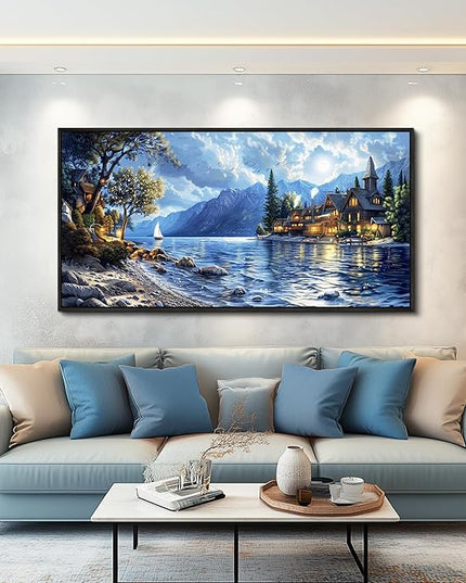 XIGUANGART Coastal Wall Art Blue Ocean Picture Mountain Wall Decor Lake Beside Countryside Large Canvas Print Art for Living Room Bedroom Home Office Forest Scenery Painting Decoration Framed Artwork