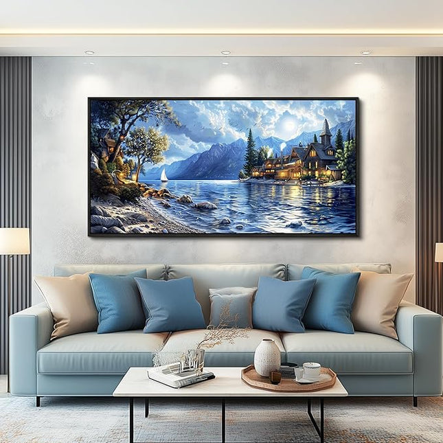 XIGUANGART Coastal Wall Art Blue Ocean Picture Mountain Wall Decor Lake Beside Countryside Large Canvas Print Art for Living Room Bedroom Home Office Forest Scenery Painting Decoration Framed Artwork