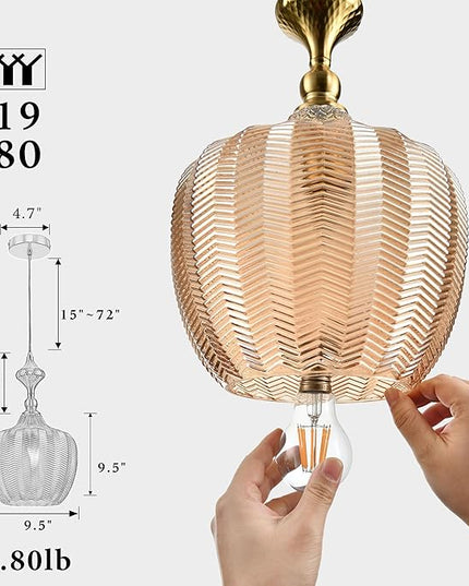 Modern Glass Pendant Light, 9.5"x16.5" Amber Sunset-Striped Light Fixture with Gold Cap, 15"-72" Adjustable Line, E26 Socket for Kitchen Island or Hallway – Sunset Gold Tulip