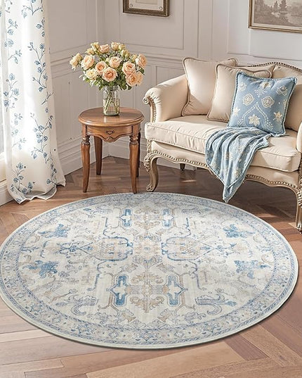 jinchan Round Rug 4ft Area Rug Indoor Vintage Floral Circle 4' Washable Ultra-Thin Low Pile Soft Small Non Slip Distressed Print for Living Room Dining Room Bedroom Entryway Blue