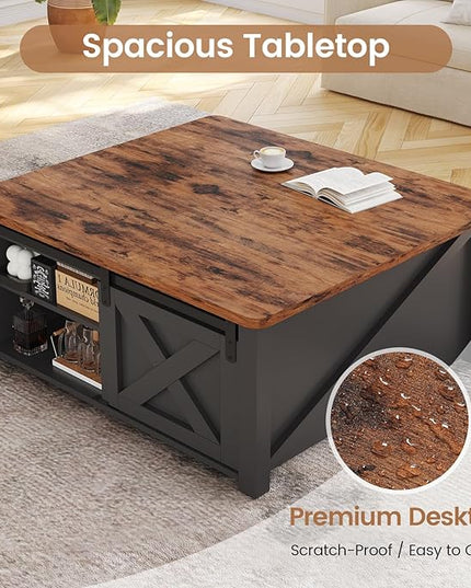 SEDETA 31.5" Lift Top Coffee Table with Storage, Square Coffee Tables for Living Room, Farmhouse Coffee Table with Large Hidden Storage Compartment and Adjustable Shelves, Black