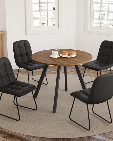 34.6'' Round Dining Table and Chairs for 4 Space Saving for Apartment Kitchen Dining Room (Walnut Table+4 U-Shaped Black Chairs)