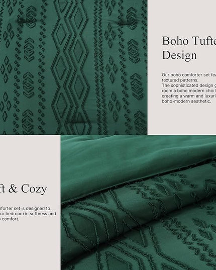 King Size Comforter Set Emerald Green, Tufted Boho Bedding Farmhouse Dark Green Bed Set, All Season 7 Pieces Bed in a Bag with Sheets, Pillowcases & Shams