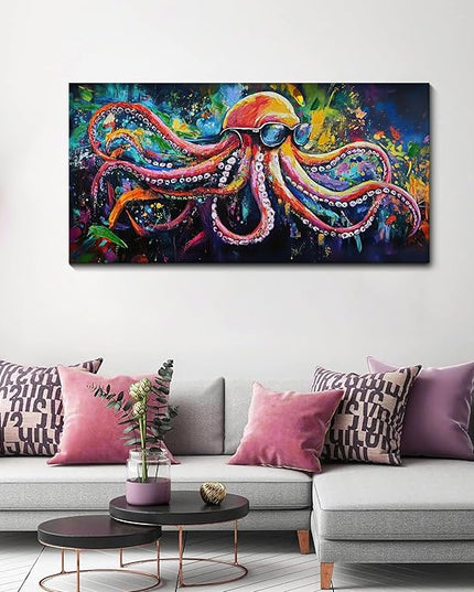 JEAWA Large Canvas Wall Art - Funny Octopus Wearing Sunglasses Modern Graffiti Texture Wall Painting for Living Room Bedroom Men Teenage Boy Room Game Room Cool Posters Decor 24x48 IN