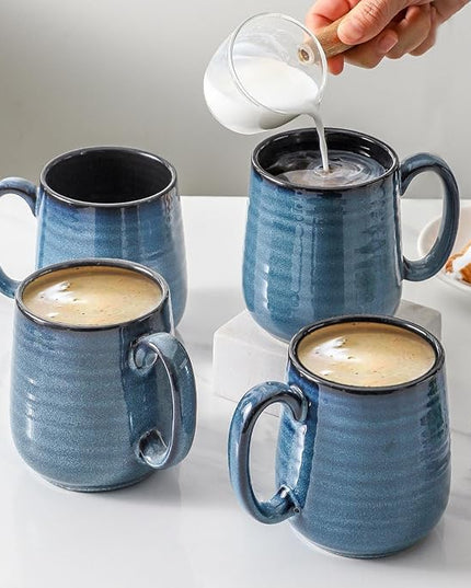 HASENSE Coffee Mugs Set of 4, 12 Ounce Ceramic Coffee Cups with Handle, Large Mug Set for Latte, Tea, Chocolate, Modern Cup Gift for Men and women, Dishwasher & Microwave Safe(Blue)