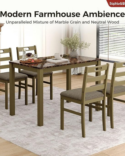 Sophia & William 5 Piece Dining Table Set for 4, Faux Marble Kitchen Table and Chairs Set, Solid Wood Farmhouse Dinner Table Set,Emperador Dark Marble & Olive