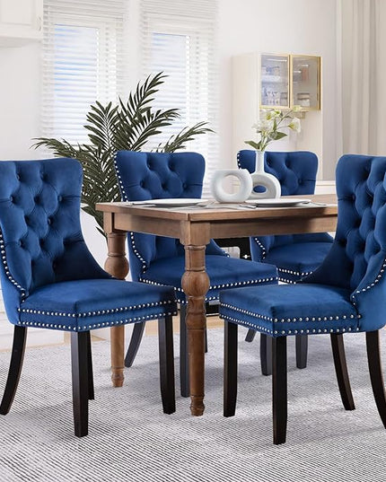 SoarFlash Velvet Dining Chairs Set of 4, Tall Back Side Chair, Modern Upholstered High-end Tufted Side Chair with Button Back Ring, Solid Wood Legs (Blue)