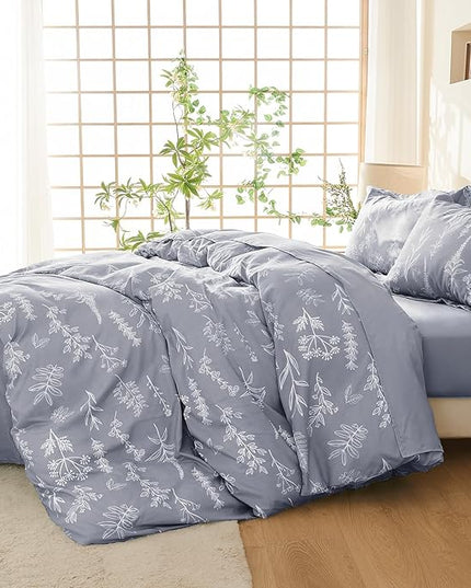 MUXHOMO Light Grey Bed in a Bag Queen 7 Pieces, Queen Comforter Set Reversible Botanical Flowers Design, Ultra Soft & Breathable Bedding Sets with Comforter, Sheets, Pillowcases & Shams