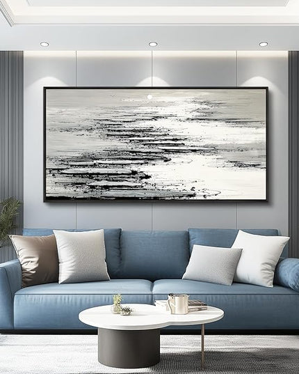 XIGUANGART Black and White Wall Art for Living Room Large Framed Canvas Print Minimalist Ocean Skyline Sunset Abstract Pictures Modern Painting For Bedroom Office Home Wall Decor Ready to Hang