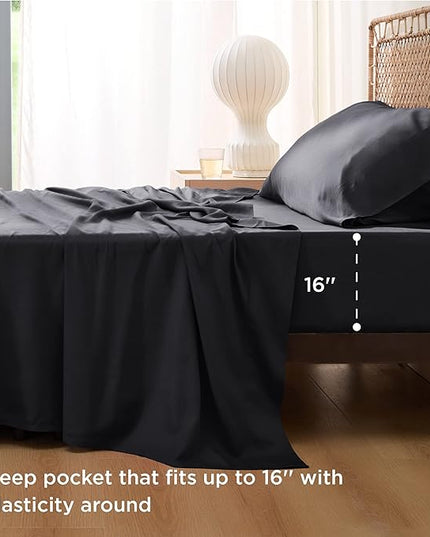Bedsure Twin Sheets Set, Cooling Sheets Twin Size Bed Set, Rayon Derived from Bamboo, Twin Size Sheets, Breathable & Soft Bed Sheets, Hotel Luxury Silky Bedding Sheets & Pillowcases, Black
