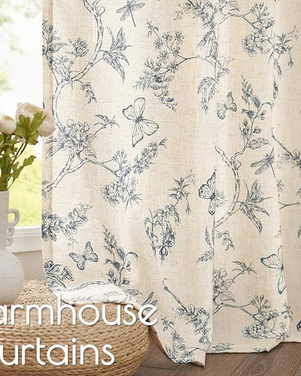 Lazzzy Linen Farmhouse Curtains Blue Floral Curtains 63 Inch Length Drapes for Living Room Bedroom Pattern Light Filtering Country Vintage Curtain Grommet Top, 2 Panels, Blue on Beige