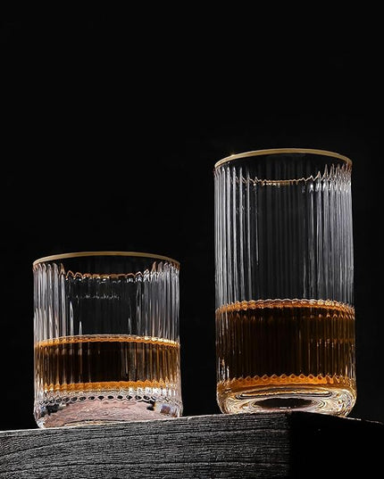 Lysenn Vintage Glassware Set - Ribbed & Fluted Wine, Champagne, Whiskey & Highball Glasses for Wedding or Party, Set of 4