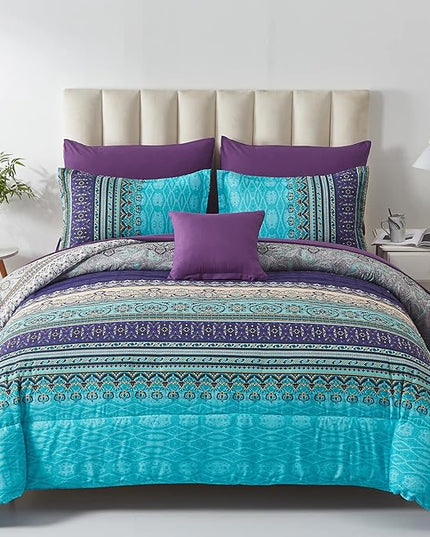 Boho Comforter Set California King Size 8 Piece Bed in a Bag Bohemian Striped Bedding Quilt Set Aqua Paisley Floral Comforter and Sheet Set,Soft Microfiber Complete Bedding Sets for All Season