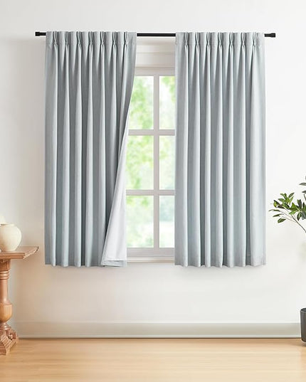 Vision Home Blue Gray Pinch Pleated Full Blackout Curtains Linen Blended Room Darkening Window Curtains 72 inch for Living Room Bedroom Thermal Insulated Pinch Pleat Drapes with Hooks 40" Wx72 Lx2