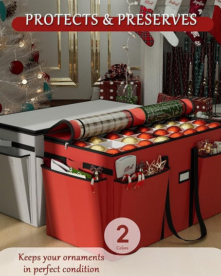 VERONLY Christmas Ornaments Storage Box with Adjustable Dividers - 8 Layers & 128 Compartments, Large Ornament Organizer with Lid for Xmas Decorations, Shatterproof Tray Design, 600D Oxford (Red)