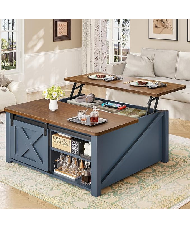 SEDETA 31.5" Lift Top Coffee Table with Storage, Square Coffee Tables for Living Room, Farmhouse Coffee Table with Large Hidden Storage Compartment and Adjustable Shelves, Blue