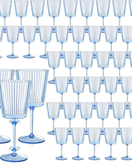 48 PCS Blue Ribbed Plastic Wine Glasses 13.5 OZ Ribbed Wine Glasses Detachable Wine Glass Elegant Fluted Glassware Vintage Style for Wedding Anniversary Birthday Dinner Parties(Blue, 48 Pack)