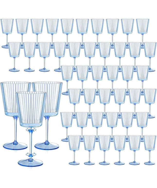 48 PCS Blue Ribbed Plastic Wine Glasses 13.5 OZ Ribbed Wine Glasses Detachable Wine Glass Elegant Fluted Glassware Vintage Style for Wedding Anniversary Birthday Dinner Parties(Blue, 48 Pack)