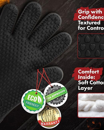 KITCHEN PERFECTION S Silicone Smoker Oven Gloves -Extreme Heat Resistant BBQ Gloves -Handle Hot Food Right on Your Grill Fryer Pit|Waterproof Oven Mitts |Superior Value Set+3 Bonuses