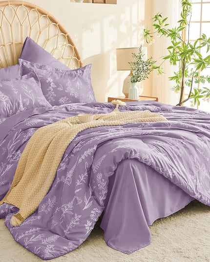 MUXHOMO Grayish Purple Full Comforter Set, Elegant Floral Print Bed in a Bag 7 Pieces, Ultra Soft & Breathable Reversible Botanical Pattern Bedding Set with Comforter, Sheets, Pillowcases, and Shams