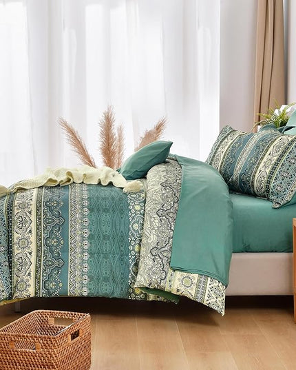 Cottolester Boho King Comforter Set 8 Pieces,Green Bohemian Comforter Paisley Striped Bed in A Bag,Soft Microfiber Bedding Set for All Season