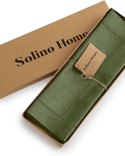 Solino Home Linen Cloth Placemats Set of 4-100% Pure Linen Hemstitch Olive Placemats 14 x 19 Inch - Classic Hemstitch Table Place Mats for Christmas, New Year