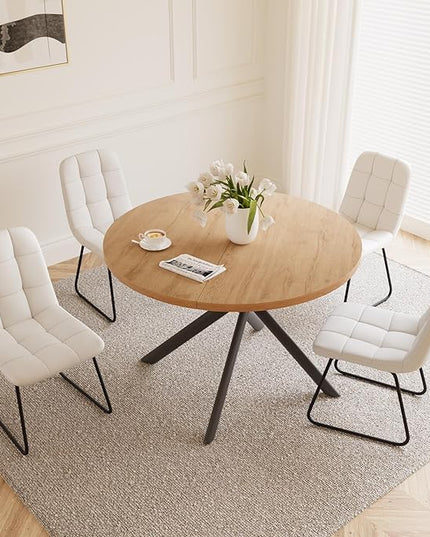 45.3 Inch Round Dining Table Set for 4, Mid Century Modern Small Kitchen Coffee Set for Dining Room Kitchen Apartment (Oak Table + 4 U-Shaped White Chairs)