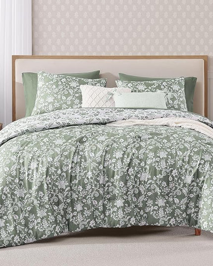 King Comforter Set -7 Pieces Floral Grey Green Comforter Set for All Seasons, Bed in a Bag King with Botanical Flowers Comforter, Sheets, Pillowcases & Shams