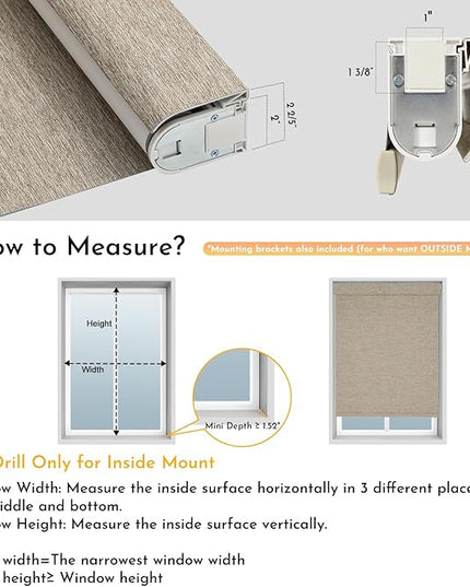 Persilux Smart Motorized Blinds with Remote, No Drill Automatic Roller Shades for Indoor Windows, Blackout Linen Fabric, Electric Blinds for Windows, Linen Light Brown C156BO-3, Custom Size