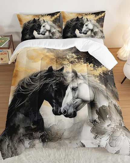 Black White Horses Comforter Set Twin Size,Golden Ink Painting Flora Bedding Set for Kids and Adults Bedroom Horse Decor,Wild Animal Theme Art Aesthetics Comforter Set with 2 Pillowcases.