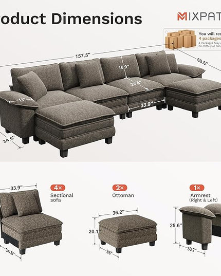 157-Inch U Shaped Sectional Sofa with Cloud Cushions, Deep Seat Modular Couch Set w/ 6 Seats & 2 Ottomans, Removable Arms, Plush Chenille Upholstery for Living Room, Apartment - Smoky Gray