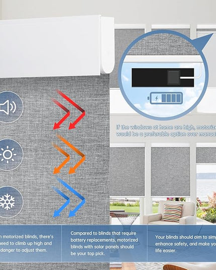 DENFOON Motorized Blinds with Remote control, Custom Blackout Smart Blinds [with Cover],Electric Blinds with Complimentary Solar Panel, Cordless Automatic Roller Shades for Windows (Grey，38"W x 72"H)