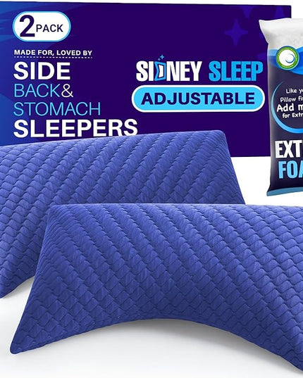 Sidney Sleep Set of 2 Queen Size Bed Pillows for Side and Back Sleepers - Adjustable Filling - Memory Foam Pillows for Neck and Shoulder Pain - Customizable Loft - Extra Foam Included (Blue)