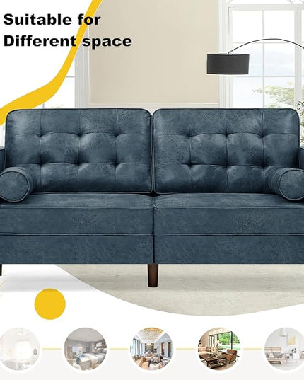 67" Suede Leather 2 Seater Sofa with Two Bolster Pillows, Tufted Sofa with Wooden Legs, Mordern Couch for Living Room, Office, Apartment, Blue