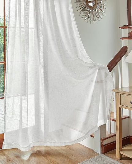 Greyish White Sheer Linen Curtains 96 Inch for Bedroom 2 Panels Back Tab Semi Sheer Privacy Textured Light Filter Greyish White Linen Curtains for Living Room Rustic Farmhouse Decor 8 FT, Width 42x96