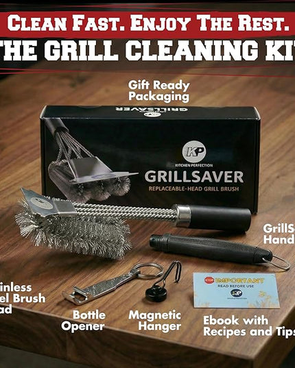 KITCHEN PERFECTION GrillSaver - Safe BBQ Grill Brush with Replaceable Cleaning Head - Heavy-Duty Grill Cleaner with Scraper, Magnetic Hanger, Bottle Opener -Powerful Cleaning Tool for All Grill Grates