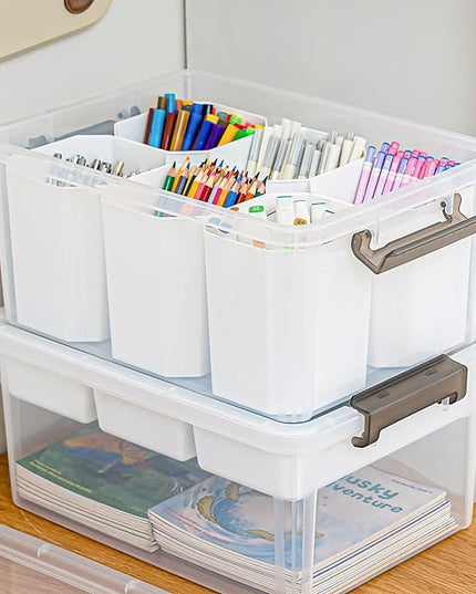 Citylife 17 QT Plastic Storage Box with Removable Tray and 6 Detachable Tall Inserts Craft Organizers and Storage Clear Storage Container for Organizing Crayon, Craft, Sewing, Playdoh, 2 Packs
