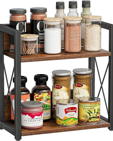 Giikin Counter Shelf Organizer, 2 Tier Kitchen Spice Rack for Countertop, Wood Coffee Counter Organizer for Home (Rustic Brown, L)