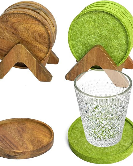Acacia Wood Coasters Set of 8 with Holders, 4 Acacia Wood & 4 Absorbent Felt Pads, 3.6 Inches Fit Coffee Table, Home, Office, Bar, Offers Tabletop Protection, Stylish Decor and Ideal Gift