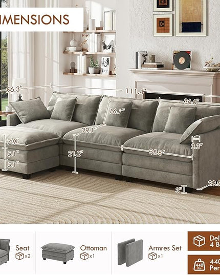 WorthFurni 111.4” Cloud Couch, Modular Sectional Sofa, Comfy Modern 3-Seater Couches with Pillows & Upholstered Deep Seat Cushion for Apartment Living Room Bedroom （Grey）