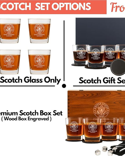 Personalized Military Sets - Custom Engraved Decanter & 4 Scotch Glasses - Army, Navy, Air Force, Coast Guard - Active Duty & Veterans (Sq. Scotch Glass Set)