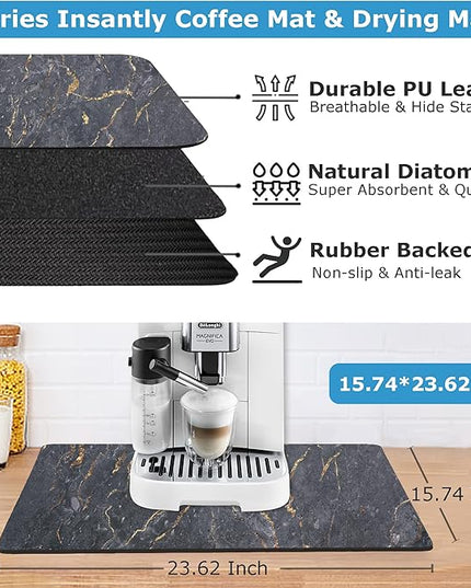 Dish Drying Mat Coffee Bar Mat for Kitchen Counter, Absorbent Dish Rack Pad Hide Stain with Non-slip Rubber Backed Coffee Accessories Fit Under Espresso Machine Maker Black Marble 22.83"x14.96"