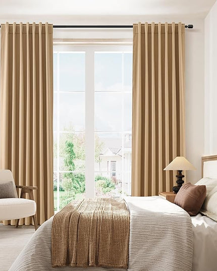 Guken 100% Blackout Linen Curtains 96 Inch Length 2 Panels Set for Living Room Bedroom Back Tab Thermal Insulated Black Out Linen Drapes Room Darkening Window Curtains,Camel Brown
