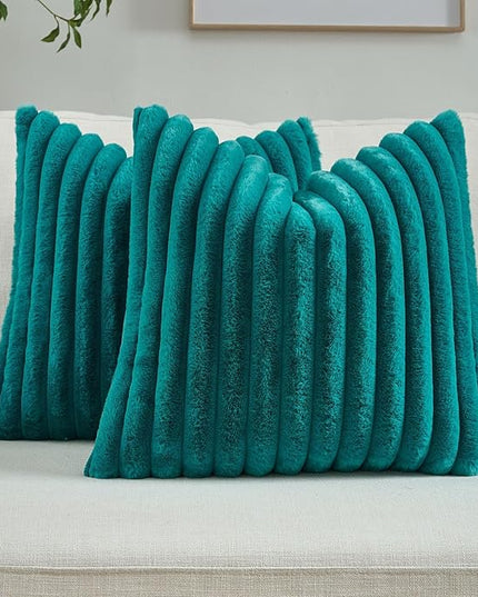 FUTEI Teal Green Throw Pillow Covers Set of 2, 28x28 Inch Striped Texture Euro Pillow Shams with Soft Faux Rabbit Fur Front & Velvet Back, Modern Decorative Couch Pillows for Living Room