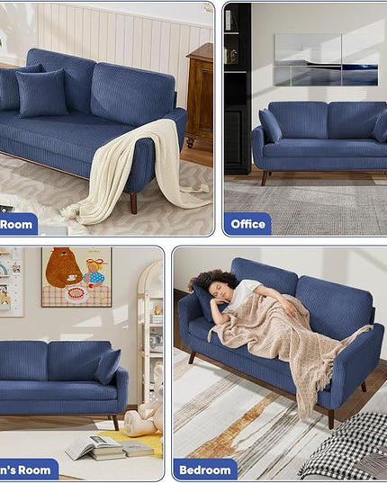 Tbfit Corduroy Couch for Living Room, Mid Century Modern Sofa with Spring Cusions for Bedroom,Comfy Upholstered Couches Easy Assembly with Solid Wood Legs & 2 Pillows (Blue, 65inch)